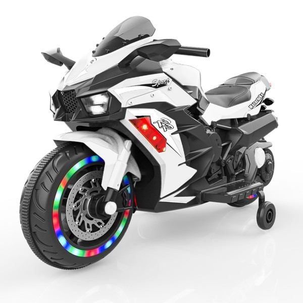 12V Electric Motorcycle for Kids Powered Toy Motorcycle Child Motorcycle Ride On with Light Wheels and Bluetooth Music White