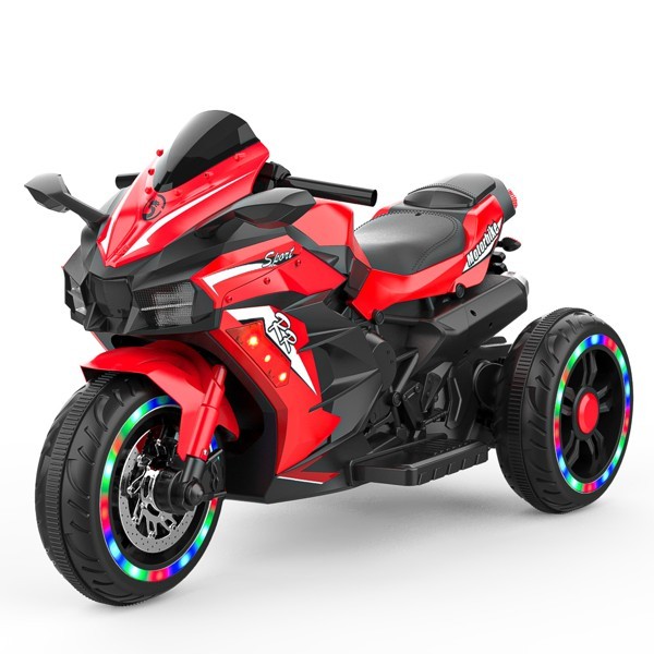 Electric Motorcycle for Kids 12V Battery Powered Ride on Toys 3 Wheels Motorcycle with LED Lights Bluetooth Music Red