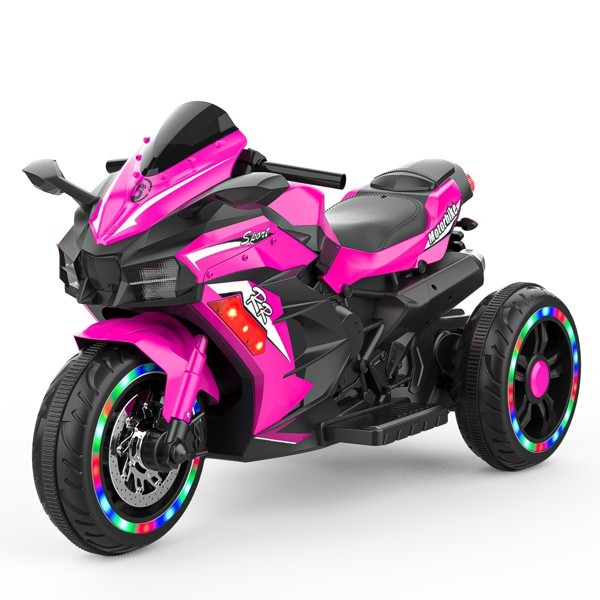 Electric Motorcycle for Kids 12V Battery Powered Ride on Toys 3 Wheels Motorcycle with LED Lights Bluetooth Music Pink