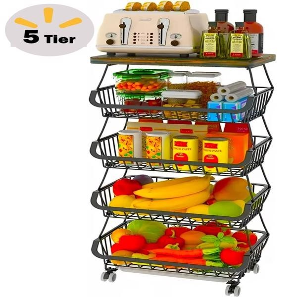 5 Tier Fruit Basket for Kitchen Organizers Stackable Metal Wire Basket Stand Cart with Wheels for Fruit Vegetable