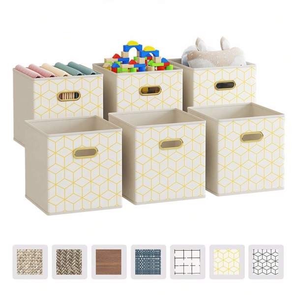 6 Pack Fabric Storage Cubes with Oval Grommets Foldable 11 Inch Cube Storage Bins Storage Boxes for Organizing Closet Yellow