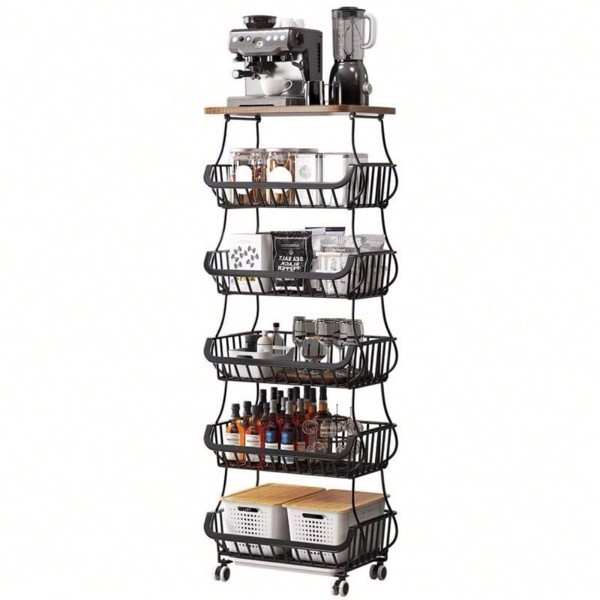 6 Tier Fruit Vegetable Basket for Kitchen with Wooden Tabletop Storage Cart Wire Basket Bins for Onions Potatoes Black