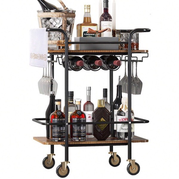 2 Tier Bar Cart with Wheels Serving Cart with Handle Outdoor Bar Cart for Home with Wine Rack Glass Holder Party Use