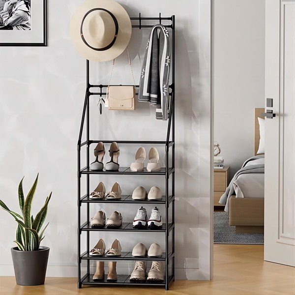 5 Tier Shoe Rack Shoe Storage for Entryway Narrow Shoe Rack Coat and Shoe Rack with 8 Hooks