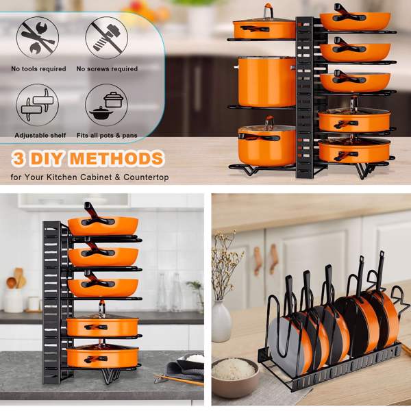 Pot Organizer Rack 8 Tiers Pots and Pans Organizer, Pot Lid Organizer for Kitchen Cabinet Cookware Organizers and Storage,Upgraded