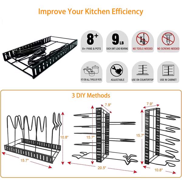 Pot Organizer Rack 8 Tiers Pots and Pans Organizer, Pot Lid Organizer for Kitchen Cabinet Cookware Organizers and Storage,Upgraded