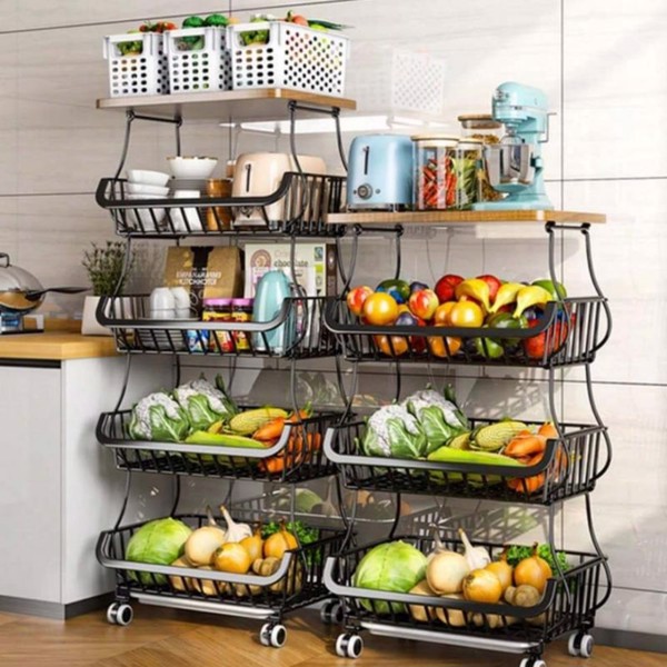 6 Tier Fruit Vegetable Basket For Kitchen With Wooden Tabletop, Storage Cart Vegetable Basket Bins For Onions And PotatoesWire Storage Basket Organizer Utility Cart With Wheels. Black