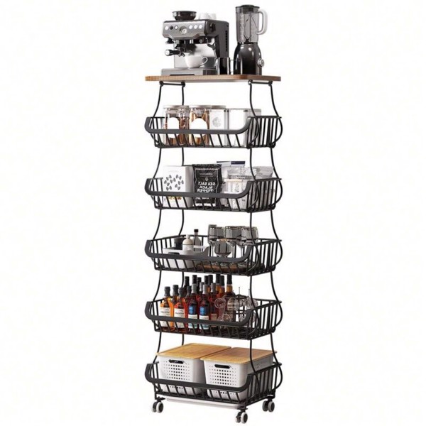 6 Tier Fruit Vegetable Basket For Kitchen With Wooden Tabletop, Storage Cart Vegetable Basket Bins For Onions And PotatoesWire Storage Basket Organizer Utility Cart With Wheels. Black