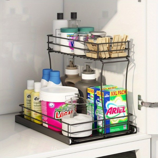 Two-layer sink organizer, pull out cabinet organizer Two-layer slide out of the sink cabinet organizer, kitchen bathroom cabinet sink organizer below, Medium, black