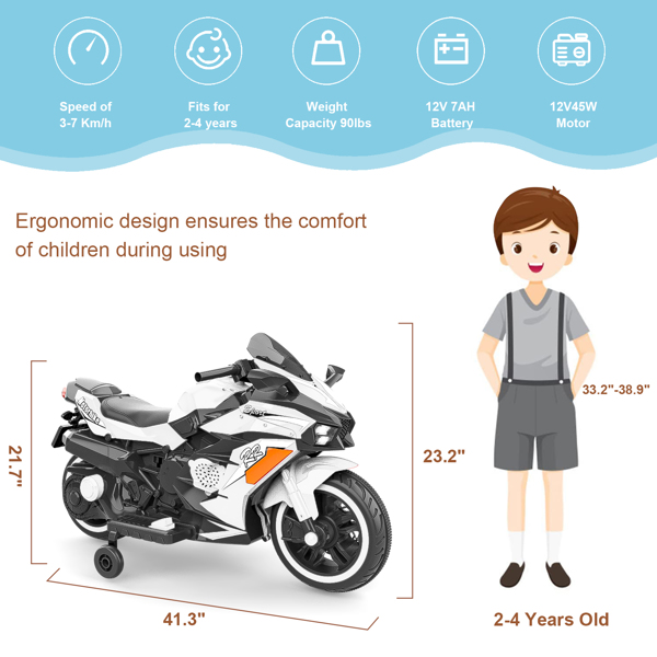 12V Electric Motorcycle for Kids, Powered Toy Motorcycle, Child Motorcycle Ride On with Light Wheels and Bluetooth Music White