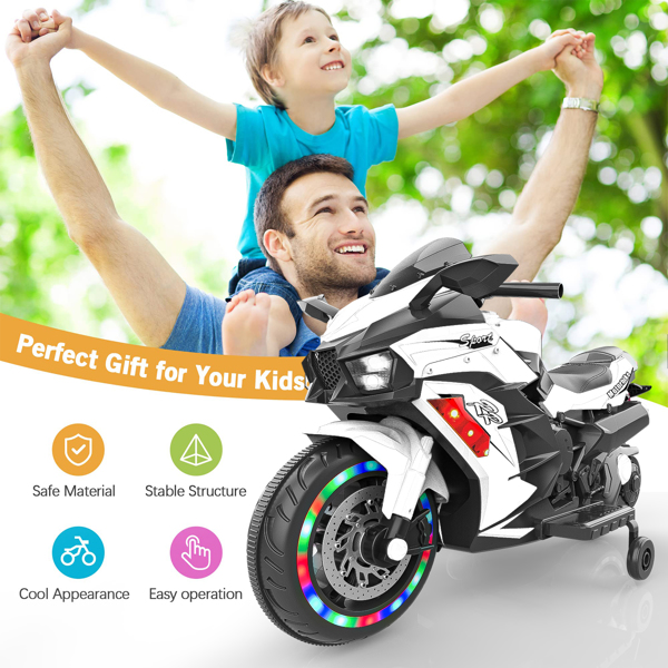 12V Electric Motorcycle for Kids, Powered Toy Motorcycle, Child Motorcycle Ride On with Light Wheels and Bluetooth Music White