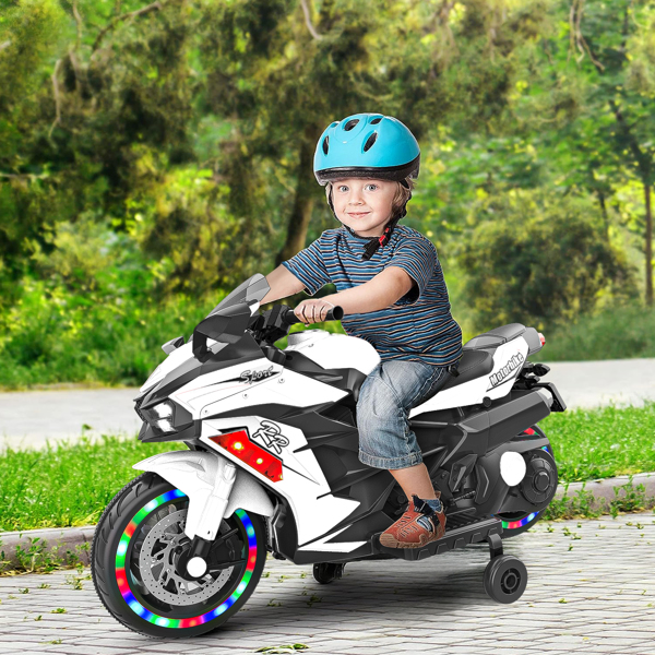 12V Electric Motorcycle for Kids, Powered Toy Motorcycle, Child Motorcycle Ride On with Light Wheels and Bluetooth Music White