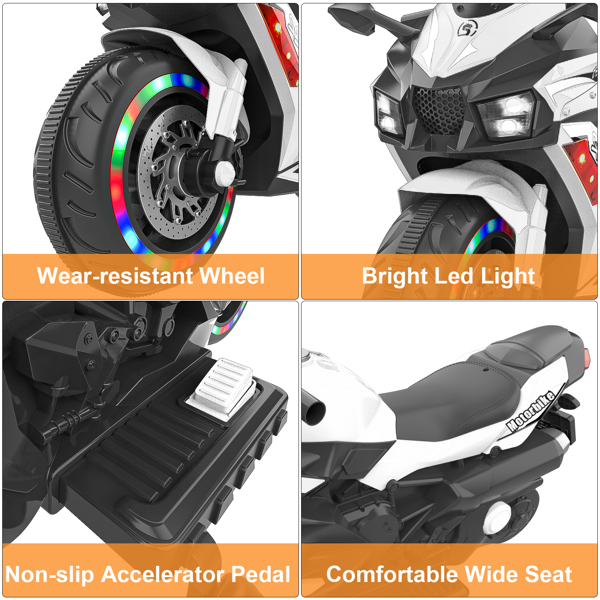 12V Electric Motorcycle for Kids, Powered Toy Motorcycle, Child Motorcycle Ride On with Light Wheels and Bluetooth Music White