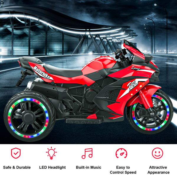 Electric Motorcycle for Kids, 12V Battery Powered Ride on Toys 3 Wheels Motorcycle with LED Lights, Bluetooth Music, Red (No shipping on weekends) (Temu, Walmart  Amazon prohibited)