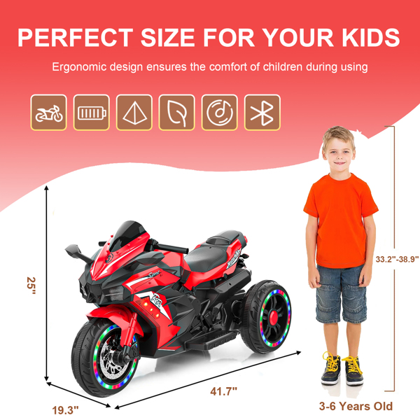 Electric Motorcycle for Kids, 12V Battery Powered Ride on Toys 3 Wheels Motorcycle with LED Lights, Bluetooth Music, Red (No shipping on weekends) (Temu, Walmart  Amazon prohibited)