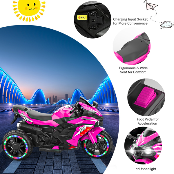 Electric Motorcycle for Kids, 12V Battery Powered Ride on Toys 3 Wheels Motorcycle with LED Lights, Bluetooth Music, Pink (No shipping on weekends) (Temu, Walmart Amazon prohibited)