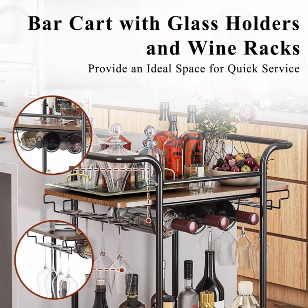 2 Tier Bar Cart With Wheels, Serving Cart With Wheels And 2 Handle, Outdoor Bar Cart For The Home With Wine Rack And Glass Holder, Kitchen Serving Cart For Home, Dining Room, Party, Black