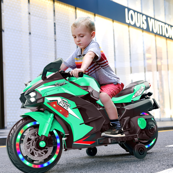 12V Electric Motorcycle for Kids, Powered Toy Motorcycle, Child Motorcycle Ride On with Light Wheels and Bluetooth Music Green (No shipping on weekends) (Temu, Walmart Amazon  prohibited)