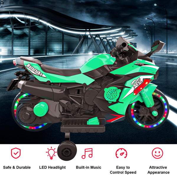 12V Electric Motorcycle for Kids, Powered Toy Motorcycle, Child Motorcycle Ride On with Light Wheels and Bluetooth Music Green (No shipping on weekends) (Temu, Walmart Amazon  prohibited)