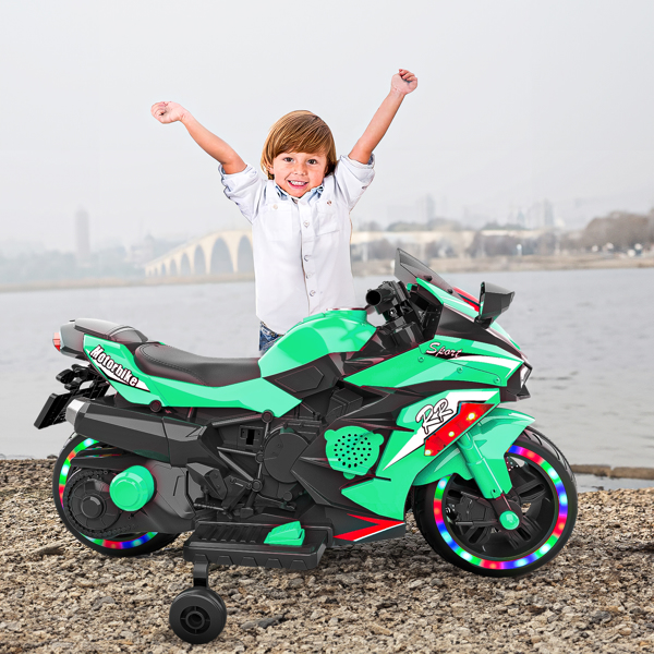 12V Electric Motorcycle for Kids, Powered Toy Motorcycle, Child Motorcycle Ride On with Light Wheels and Bluetooth Music Green (No shipping on weekends) (Temu, Walmart Amazon  prohibited)