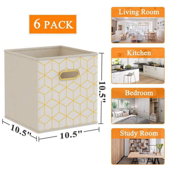 6 Pack Fabric Storage Cubes with Oval Grommets, Foldable 11 Inch Cube Storage Bins, Storage Baskets for Shelves, Storage Boxes for Organizing Closet Bins,Yellow