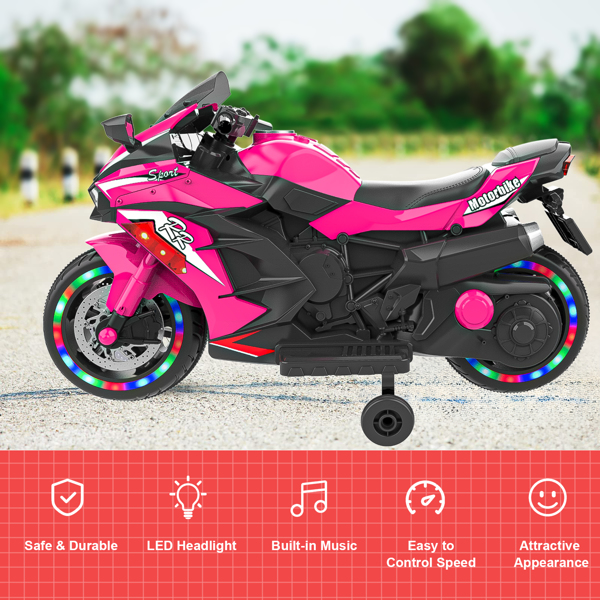 12V Electric Motorcycle for Kids, Powered Toy Motorcycle, Child Motorcycle Ride On with Light Wheels and Bluetooth Music Pink (No shipping on weekends) (Temu, Walmart  Amazon prohibited)