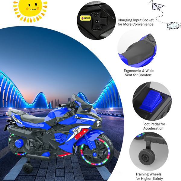 12V Electric Motorcycle for Kids, Powered Toy Motorcycle, Child Motorcycle Ride On with Light Wheels and Bluetooth Music (No shipping on weekends) (Temu, Walmart Amazon  prohibited)