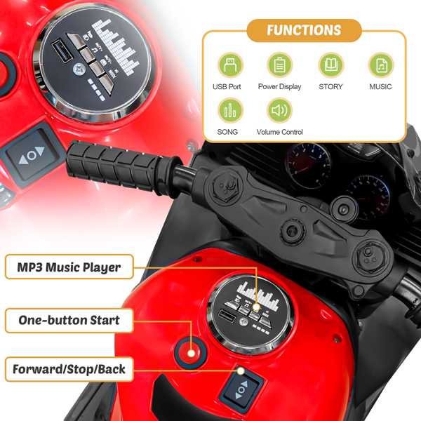 12V Electric Motorcycle for Kids, Powered Toy Motorcycle, Child Motorcycle Ride On with Light Wheels and Bluetooth Music Red (No shipping on weekends) (Temu, Walmart Amazon prohibited)