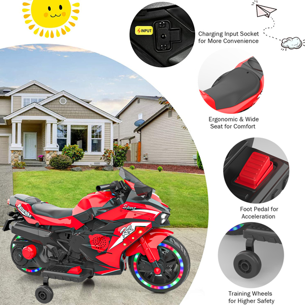 12V Electric Motorcycle for Kids, Powered Toy Motorcycle, Child Motorcycle Ride On with Light Wheels and Bluetooth Music Red (No shipping on weekends) (Temu, Walmart Amazon prohibited)