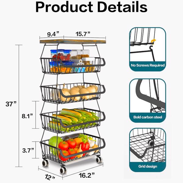 5 Tier Fruit Basket for Kitchen Organizers and Storage, Stackable Metal Wire Basket Stand Cart with Wheels for Fruit Vegetable