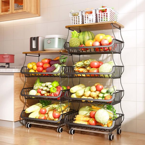 5 Tier Fruit Basket for Kitchen Organizers and Storage, Stackable Metal Wire Basket Stand Cart with Wheels for Fruit Vegetable