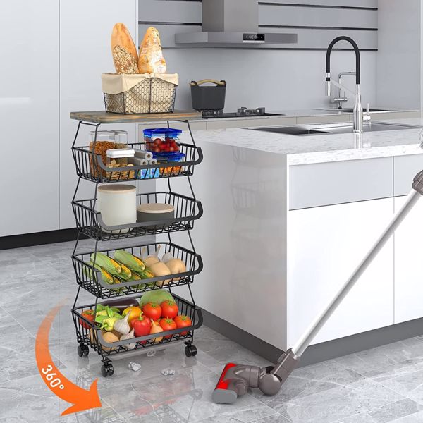 5 Tier Fruit Basket for Kitchen Organizers and Storage, Stackable Metal Wire Basket Stand Cart with Wheels for Fruit Vegetable