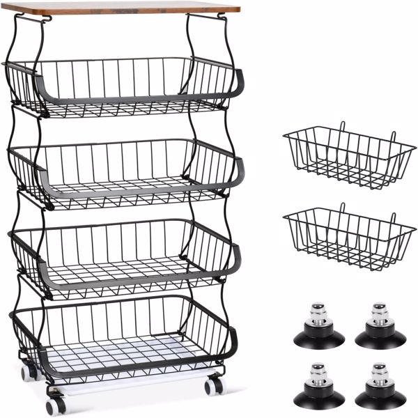 5 Tier Fruit Basket for Kitchen Organizers and Storage, Stackable Metal Wire Basket Stand Cart with Wheels for Fruit Vegetable