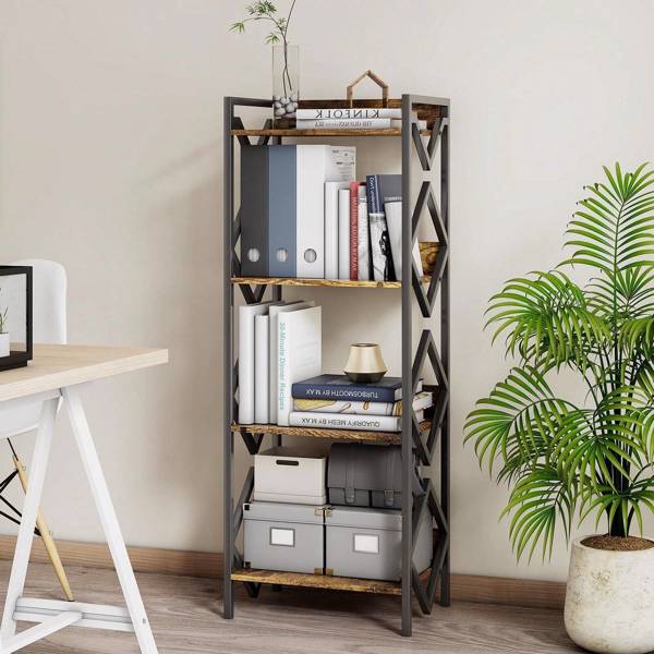 4 Tier Bookshelf For Small Space, Small Metal Bookshelf For Books, Organizers And Storage For Office, Living Room, Bedroom, Rustic Bookshelf, Table