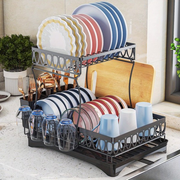 2-layer tableware arrangement rack, household large capacity tableware storage rack storage rack, bowl rack, dish rack, cup rack, drain rack, knife and fork rack, household kitchen supplies